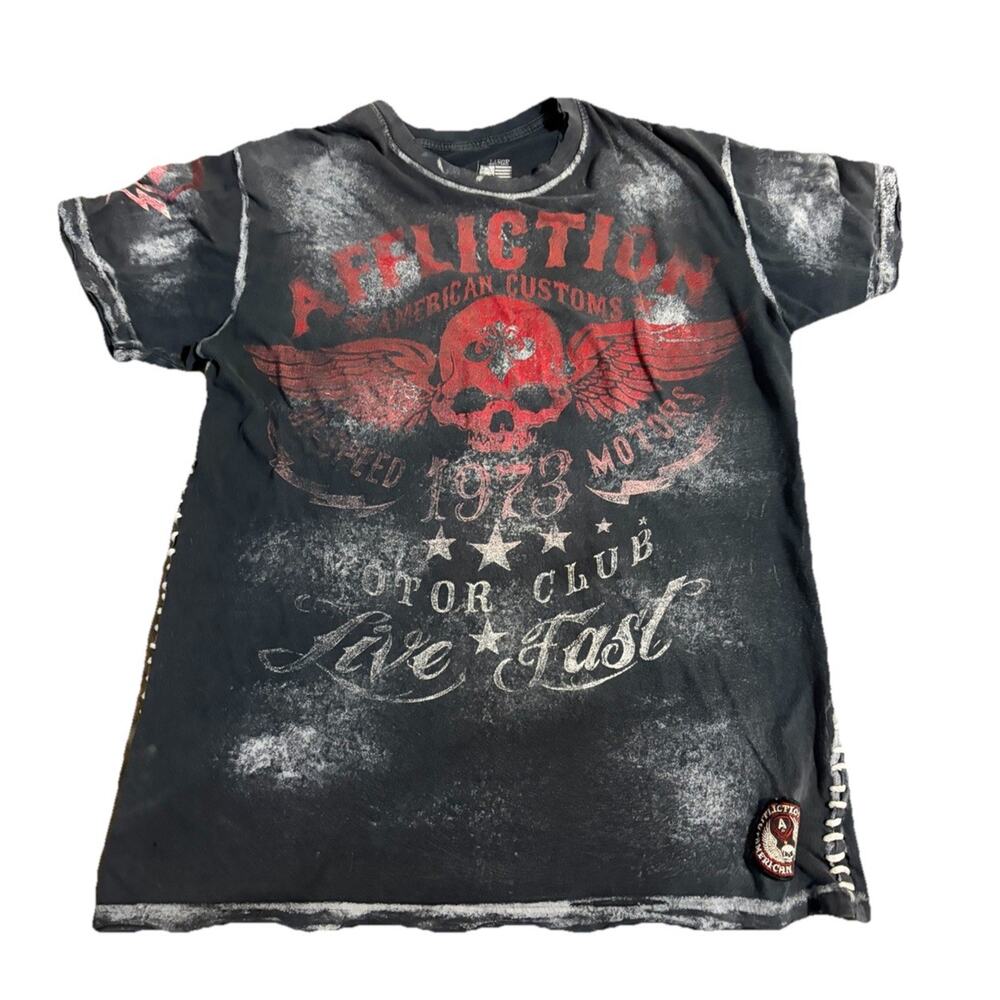 Y2K Affliction Graphic T-shirt American Flag, Grey Red Size Large - Picture 1 of 4